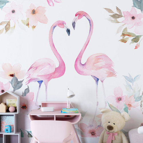 Papier peint panoramique Enfants - Flamants roses Aquarelle