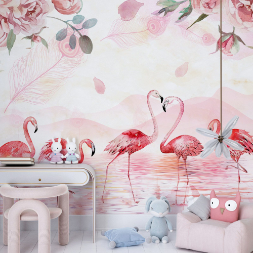Papier peint panoramique Enfants - Flamants roses Fleurs