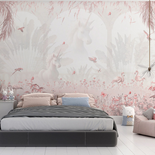 Papier peint panoramique Enfants - Flamants Roses Licornes