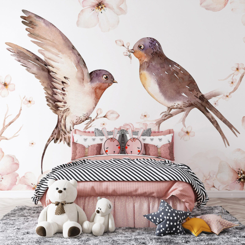 Papier peint panoramique Enfants - Fleurs Oiseaux