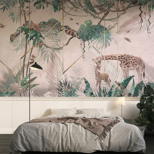 Papier peint panoramique enfants - Forêt Tropicale Girafes