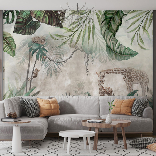 Papier peint panoramique enfants - Forêt Tropicale Girafes