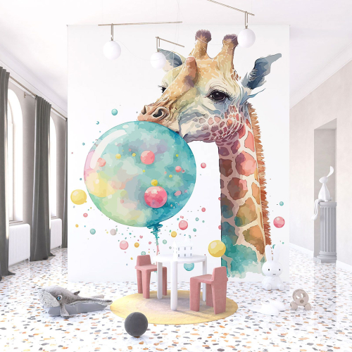 Papier peint panoramique Enfants - Girafe ballons
