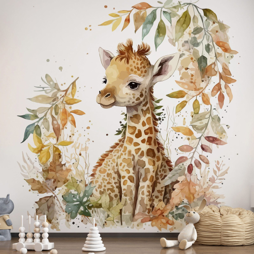 Papier peint panoramique Enfants - Girafe feuilles
