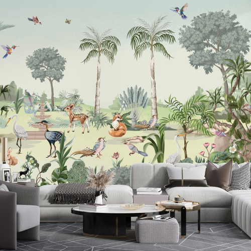 Papier peint panoramique enfants - Jardin Animaux