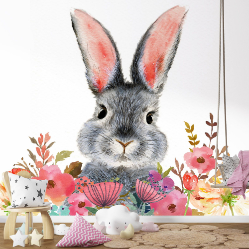 Papier peint panoramique Enfants - Lapin Fleurs