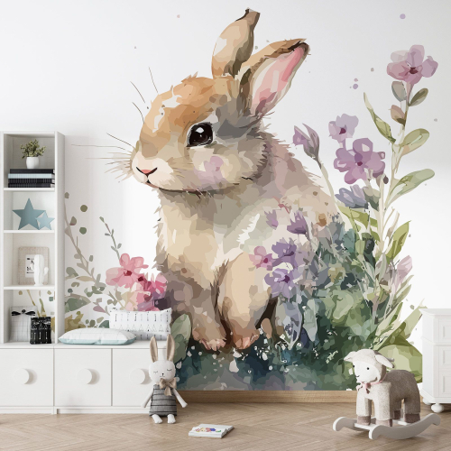 Papier peint panoramique Enfants - Lapin fleurs