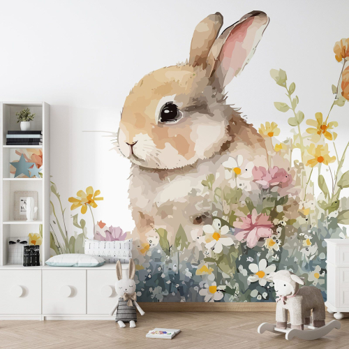 Papier peint panoramique Enfants - Lapin fleurs
