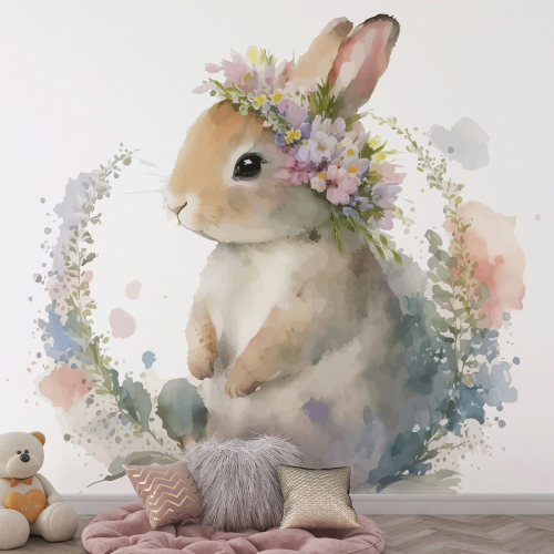 Papier peint panoramique Enfants - Lapin fleurs