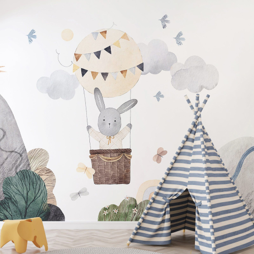 Papier peint panoramique Enfants - Lapin Montgolfière