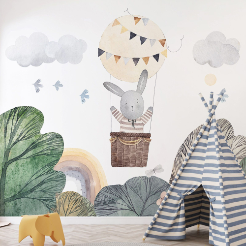 Papier peint panoramique Enfants - Lapin Montgolfière