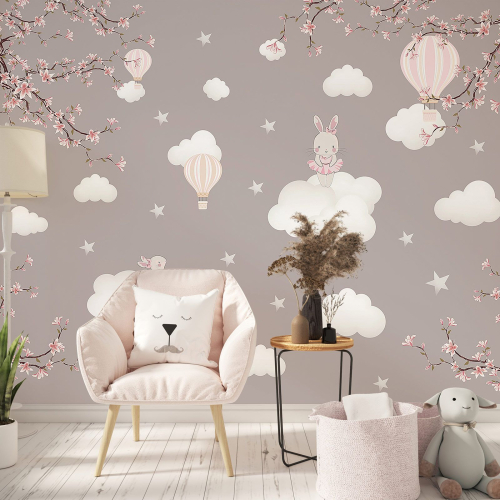 Papier peint panoramique Enfants - Lapin Montgolfières
