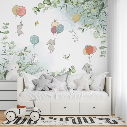 Papier peint panoramique Enfants - Lapins Ballons