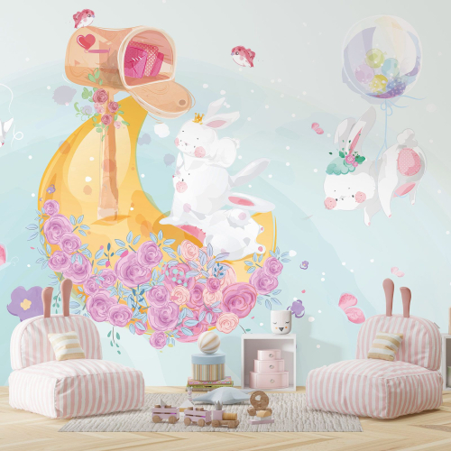 Papier peint panoramique Enfants - Lapins Lune
