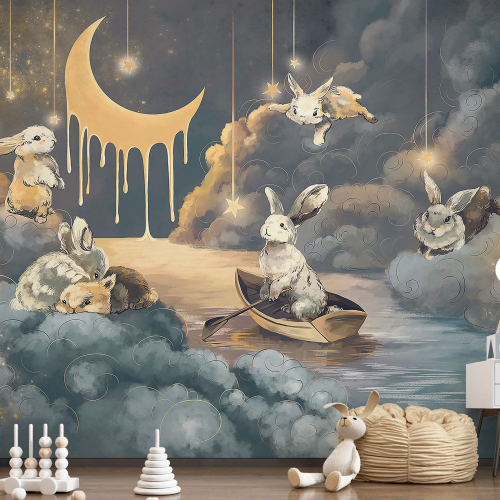 Papier peint panoramique Enfants - Lapins Lune