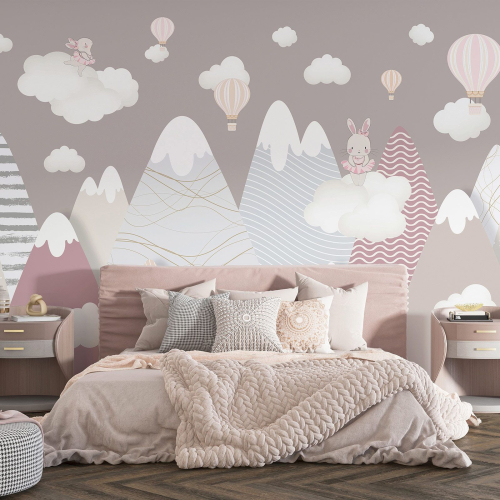 Papier peint panoramique Enfants - Lapins Montgolfières