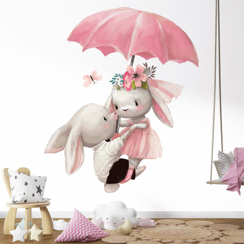Papier peint panoramique Enfants - Lapins Parapluie
