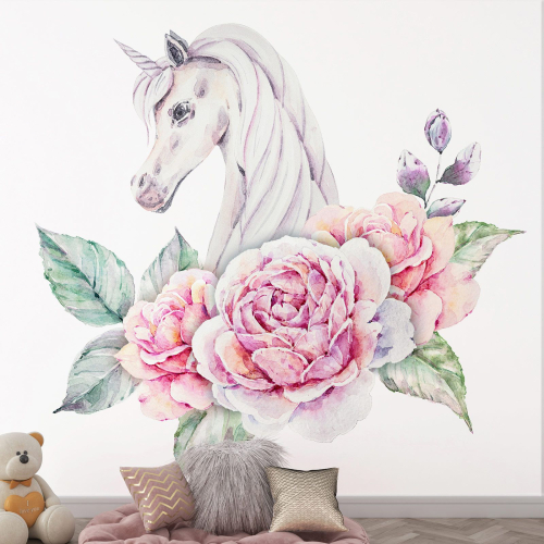 Papier peint panoramique Enfants - Licorne fleurs