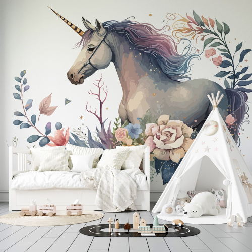 Papier peint panoramique Enfants - Licorne fleurs
