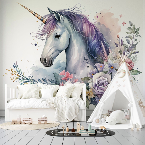 Papier peint panoramique Enfants - Licorne fleurs