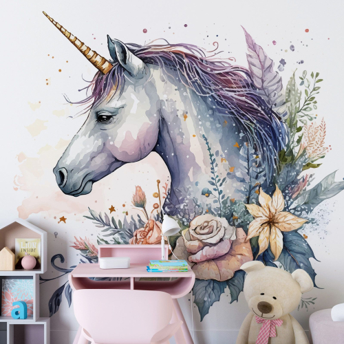 Papier peint panoramique Enfants - Licorne fleurs