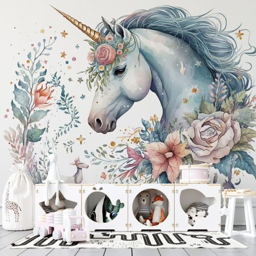 Papier peint panoramique Enfants - Licorne fleurs