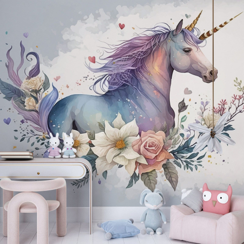 Papier peint panoramique Enfants - Licorne fleurs
