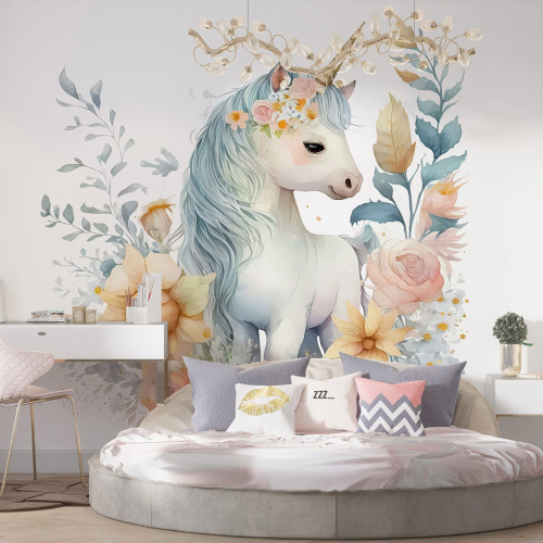 Papier peint panoramique Enfants - Licorne Fleurs