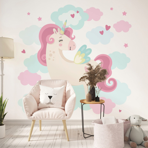 Papier peint panoramique Enfants - Licorne Nuages