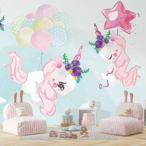 Papier peint panoramique Enfants - Licornes Ballons