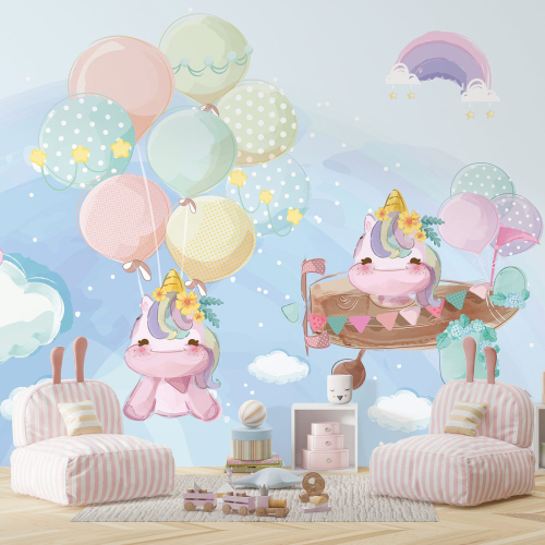 Papier peint panoramique Enfants - Licornes Ballons