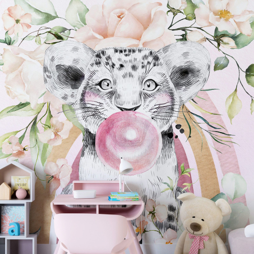 Papier peint panoramique Enfants - Lion bulle Fleurs