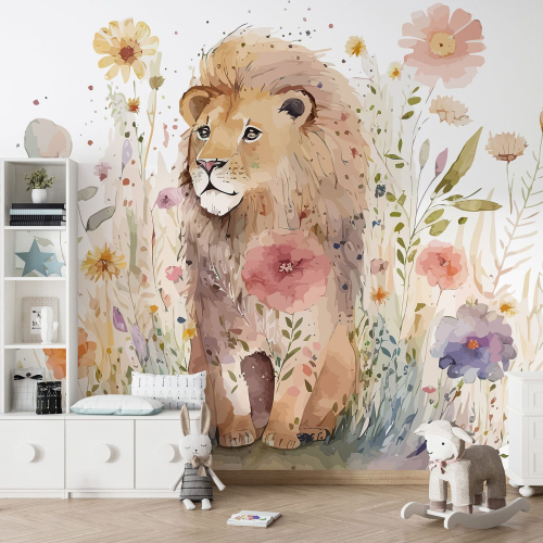 Papier peint panoramique Enfants - Lion Fleurs
