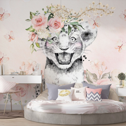 Papier peint panoramique Enfants - Lion Fleurs