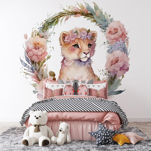 Papier peint panoramique Enfants - Lionceau Fleurs