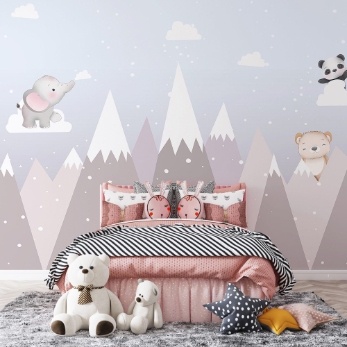 Papier peint panoramique Enfants - Montagnes Animaux
