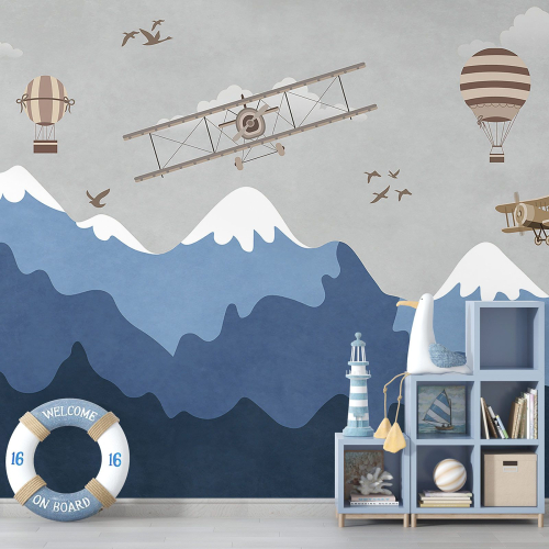 Papier peint panoramique Enfants - Montagnes Avions