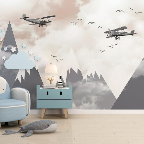 Papier peint panoramique Enfants - Montagnes Avions