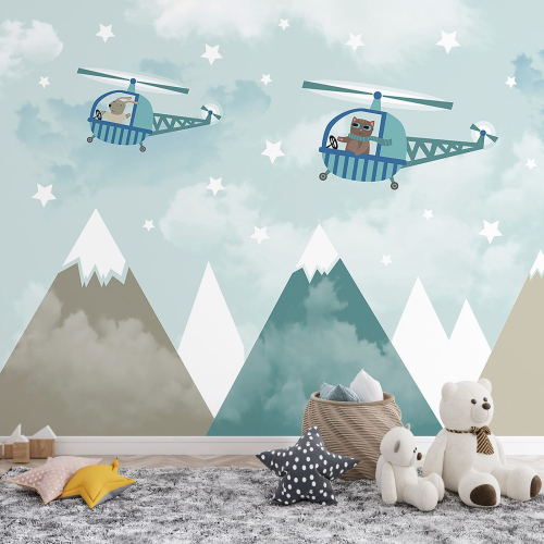 Papier peint panoramique Enfants - Montagnes Hélicoptères