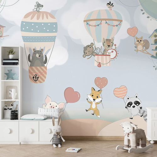Papier peint panoramique Enfants - Montgolfières Animaux