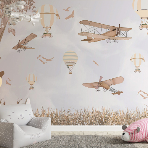 Papier peint panoramique Enfants - Montgolfières Avions