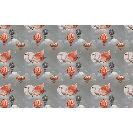 Papier peint panoramique Enfants - Motif Flamants Roses Montgolfières