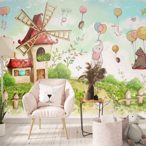 Papier peint panoramique Enfants - Moulin Animaux