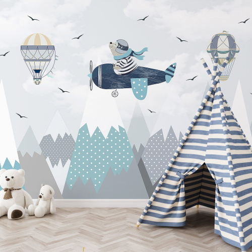 Papier peint panoramique Enfants - Ourson Aviateur