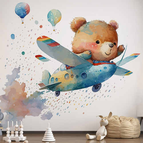 Papier peint panoramique Enfants - Ourson Avion