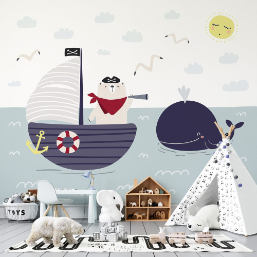 Papier peint panoramique Enfants - Ourson Bateau