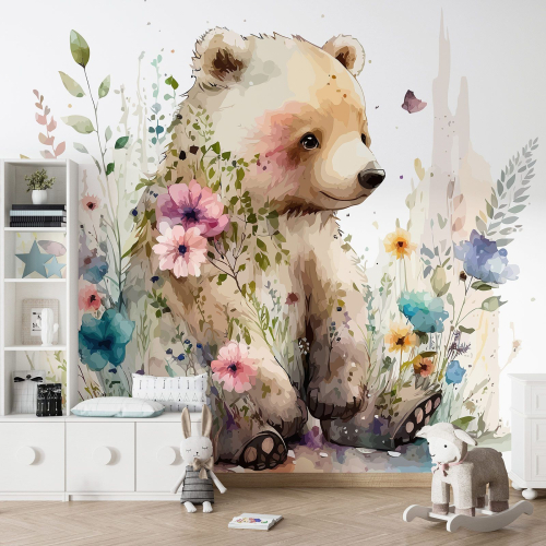 Papier peint panoramique Enfants - Ourson Fleurs