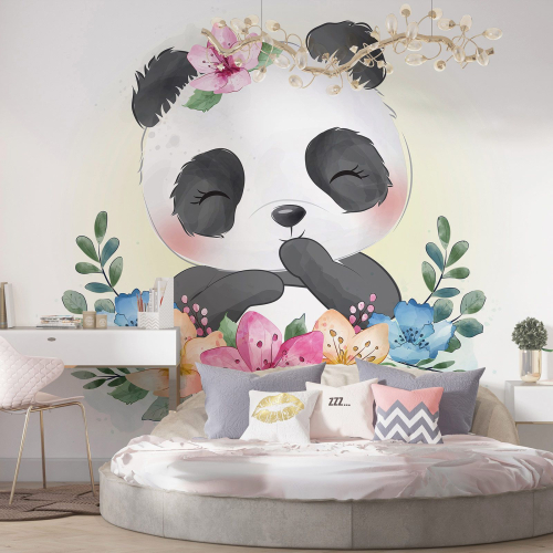Papier peint panoramique Enfants - Panda Fleurs