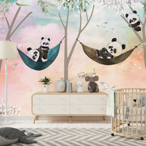 Papier peint panoramique Enfants - Pandas Hamacs