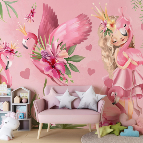 Papier peint panoramique Enfants - Princesse Flamants Roses